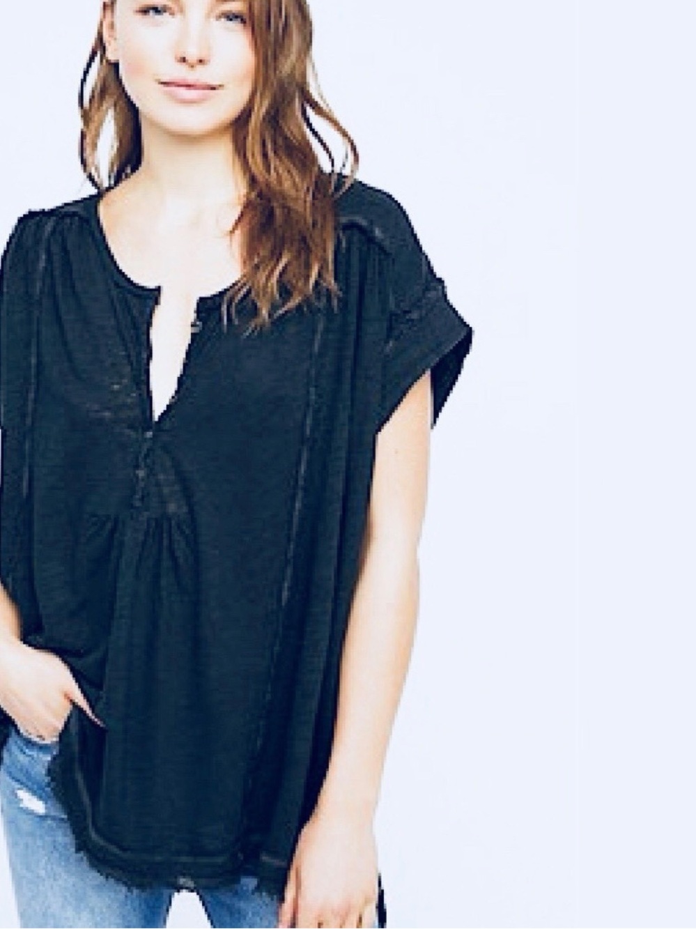 Free People Black Short-Sleeve Split-Neck Peasant Tunic